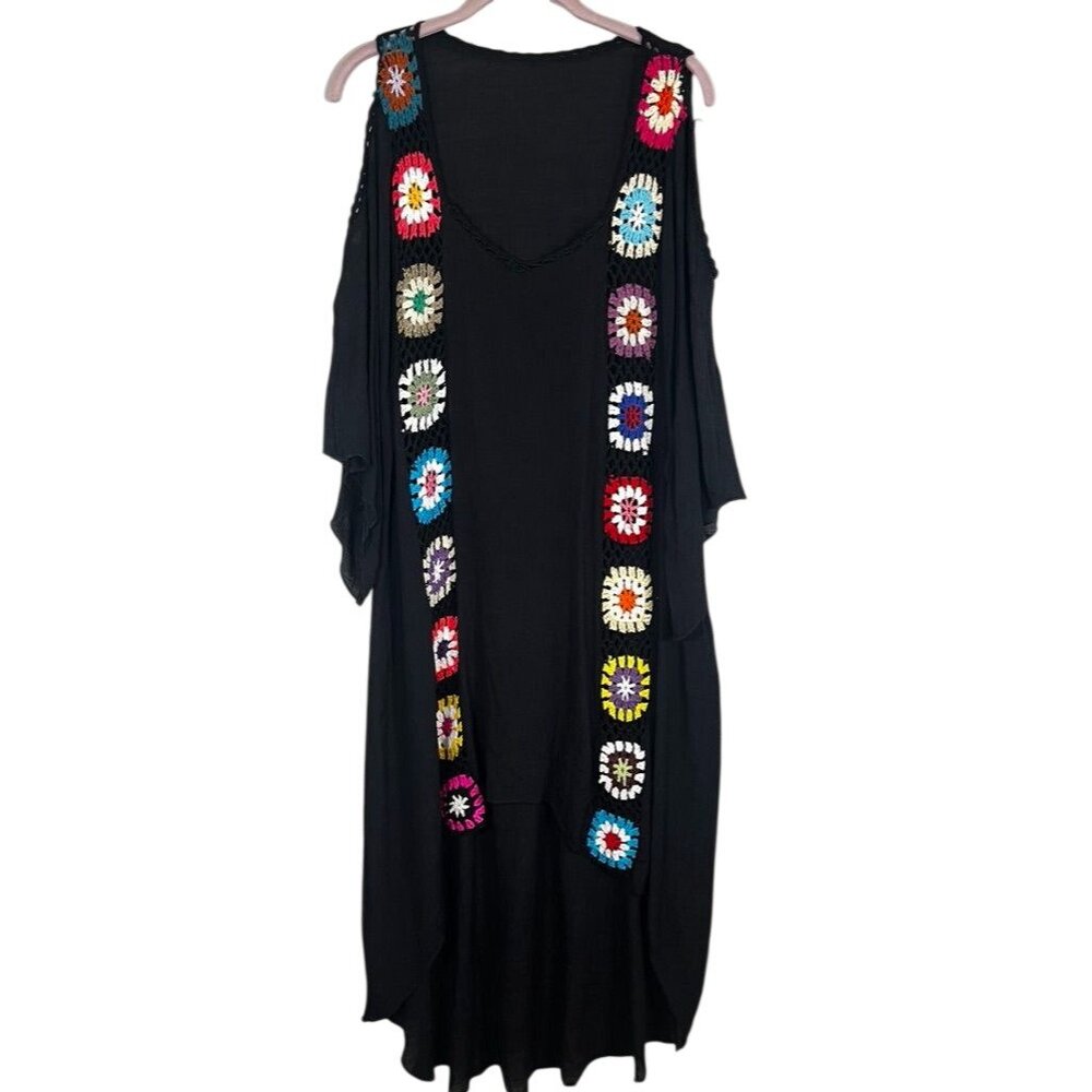 Crochet Knit Hi Low Gauze Dress Black L Boho Indie Folk Festival Concert Flowy